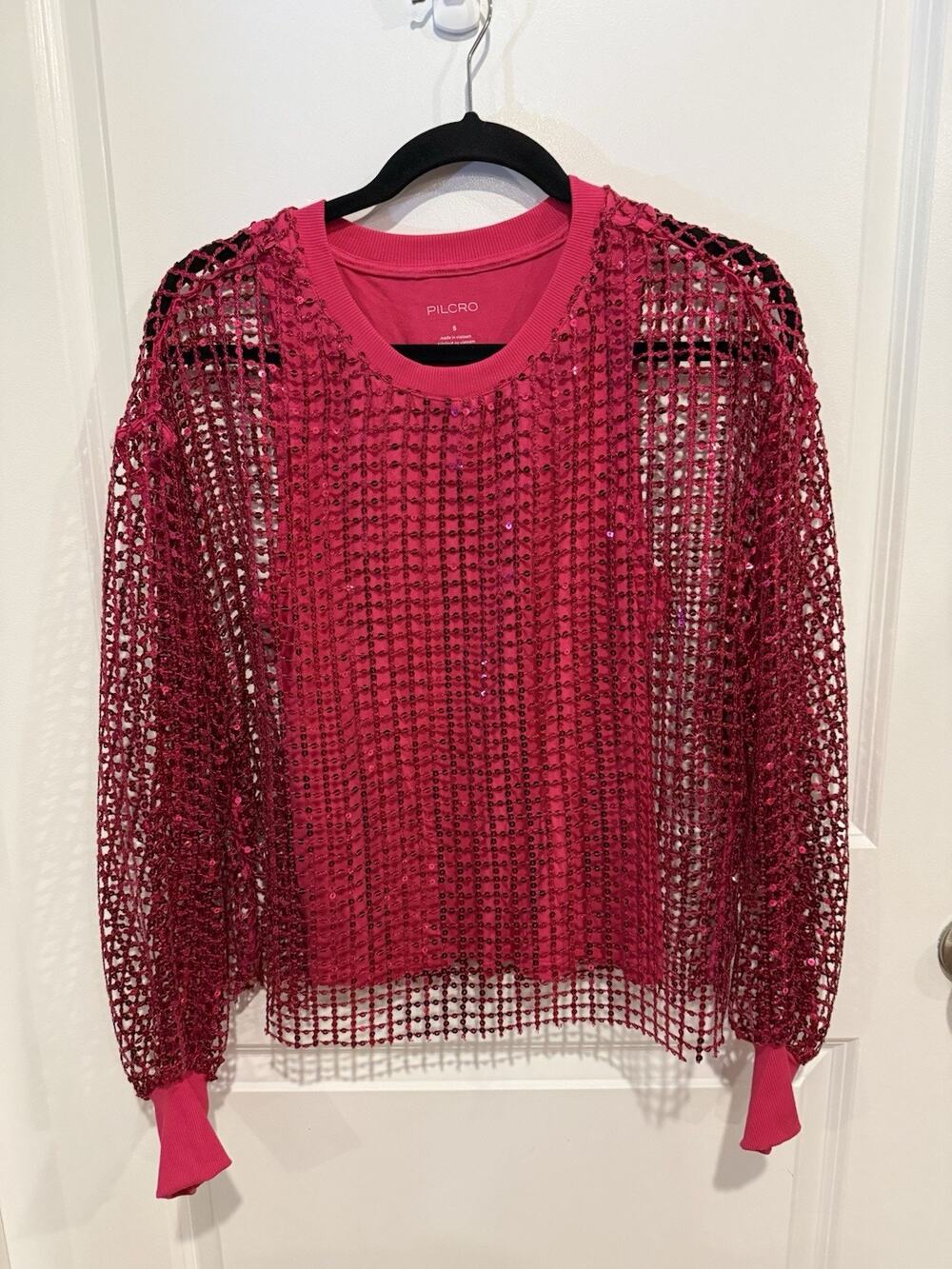 Anthropologie Pilcro Long-Sleeve Sheer Sequin Top Raspberry Sz Small Party